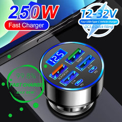 Cargador de Coche PD 250W con 6 Puertos | Carga Rápida QC3.0 + Pantalla Digital LED